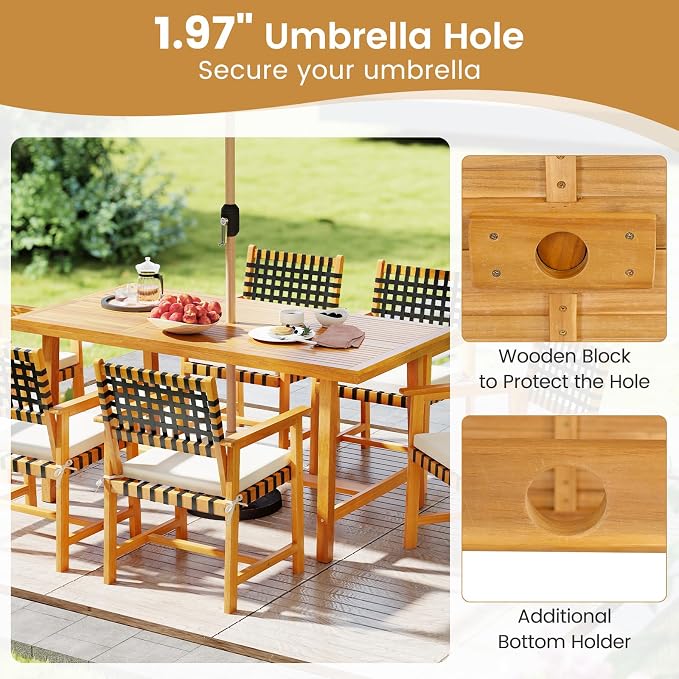 Tangkula 63-Inch Acacia Wood Patio Dining Table for 6, Heavy-Duty Indoor Outdoor Rectangular Table with 1.97" Umbrella Hole, Large Farmhouse Outside Dining Table for for Backyard, Garden, Porch, Deck