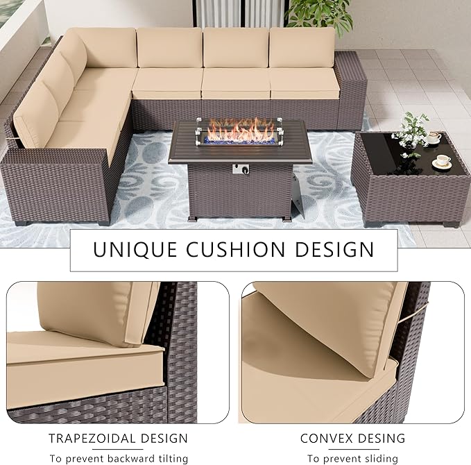 Patio Set Sofa High Back 7 Pieces Wicker Sectional Sofa with 55,000 BTU Gas Fireplace Table, Rattan Outdoor Furniture Set with Thicken Cushion and Coffee Table, Sand