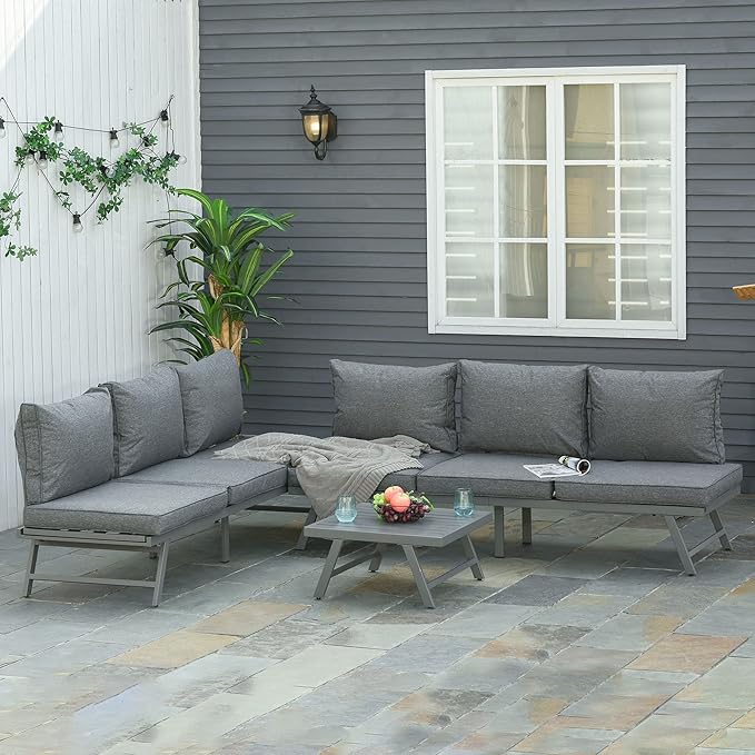 Outsunny 3 Pieces Patio Sofa Furniture Set, 2 Convertible Couch Chaise Lounge Chairs, 1 Coffee Table, Throw Pillows, Water-Repellent Cushions, Grey
