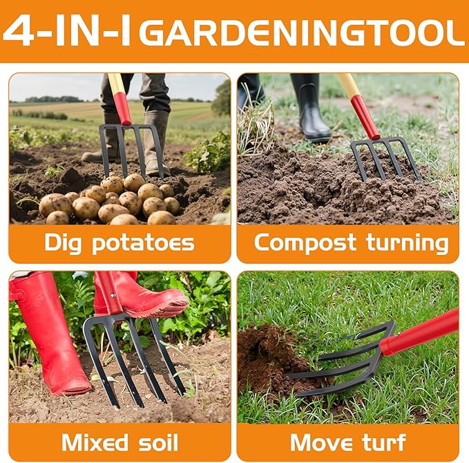 HIGHLIGHT Heavy Duty Pitchfork, 45.7" Garden Fork with 6cm Wide Tine Spacing, 4-Tine Spading & Digging Fork for Clay Soil, Composting & Mulching, Comfortable Ash-Grade Hardwood Handle, Steel D-Grip