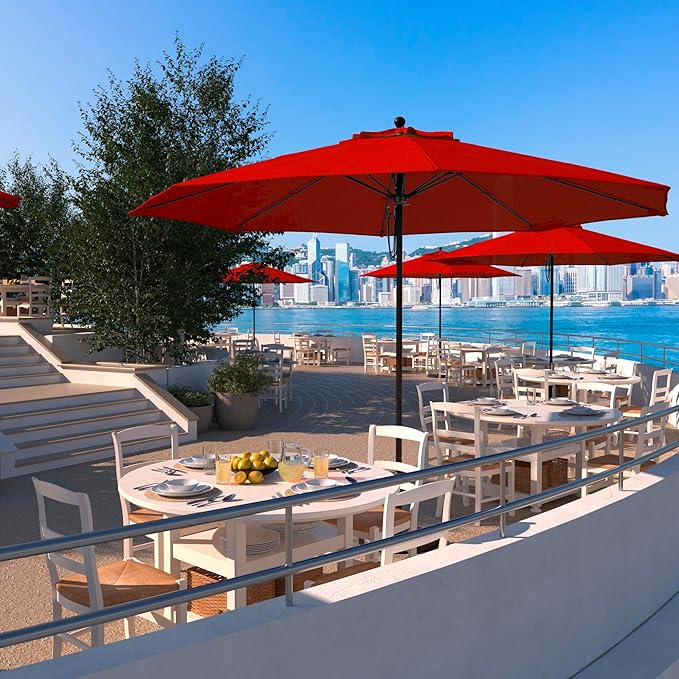 California Umbrella 11Ft Commercial Grade Sunbrella Fabric Market Umbrella, Pulley Lift, Aluminum/Fiberglass, 2mm pole wall, Bronze Frame, Jockey Red Fabric