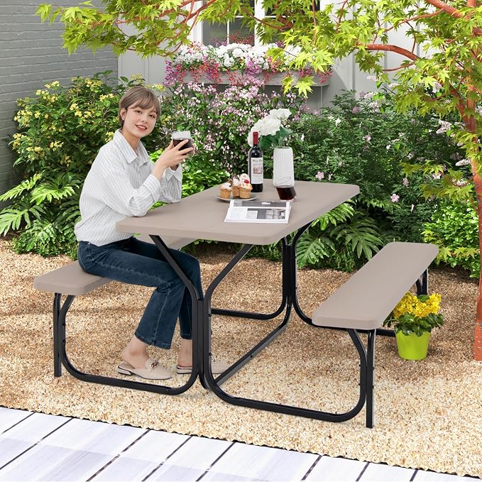ORALNER Picnic Table, Plastic Dining Table & 2 Benches Set, Weather Resistant Wood Grain Resin Tabletop & Steel Frame, Picnic Tables for Outdoors, Porch Yard Patio Lawn Party Camping (Light Brown)