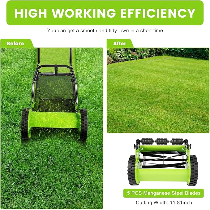 Lawn Sweeper Push, Push Lawn Sweeper Leaf Collector Lawn Mower Manual Push Reel Lawn Mower Adjustable Height with Collecting Bag for Lawn, Sidewalk, Driveway (12in)