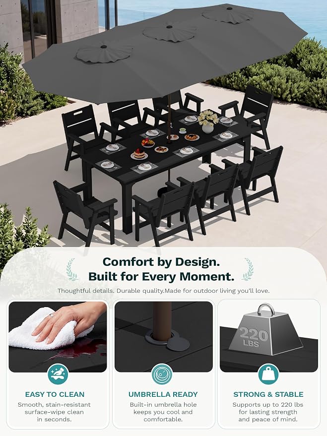SERWALL 76" Outdoor Dining Set for 8, All Weather Dining Furniture, Black | Include 1 HDPE Dining Table with 8 Chairs & 1 Umbrella (Base Excluded), Heavy Duty Outdoor Furniture for Backyard Garden