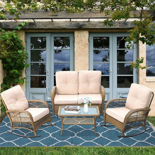 4-Piece Wicker Patio Furniture Sets Outdoor All-Weather Rattan Conversation Set Includes Glider Loveseat, Glass-Top Coffee Table, 2 Rocking Chairs with Thickened Cushions, Light Brown