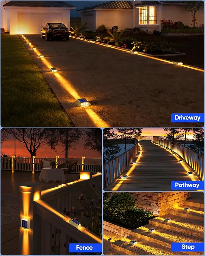DetarZinLED Solar Deck Lights Outdoor, 8 Pack Warm White Driveway Lights Solar Powered, IP68 Waterproof Stick on & Screw Dock Light for Pathway, Walkway, Sidewalk, Patio, Pool Deck, Garden, Step