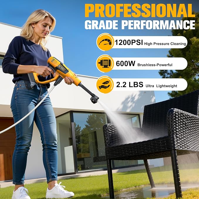 DIYtoolifz Car Cleaning Tools Compatible with Dewalt 20V Batteries, 600W Brushless Motor, 6-in-1 Nozzle & Foam Cannon for Car, Patio, Fence (Tool ONLY — Battery NOT Included)