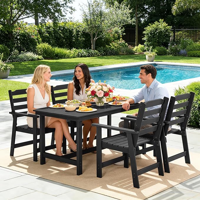 FUNBERRY Outdoor Dining Table, HDPE 6-Person Patio Table with Umbrella Hole | Wood-Grain, HDPE All Weather, No Rot or Rust or Crack, UV Fade Shield, 220LBS Weight Capacity, Easy-Clean for Outside