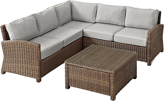 Crosley Furniture Bradenton 4-Piece Outdoor Sectional Sofa Wicker Conversation Patio Furniture Set for Deck, Brown with Gray Cushions