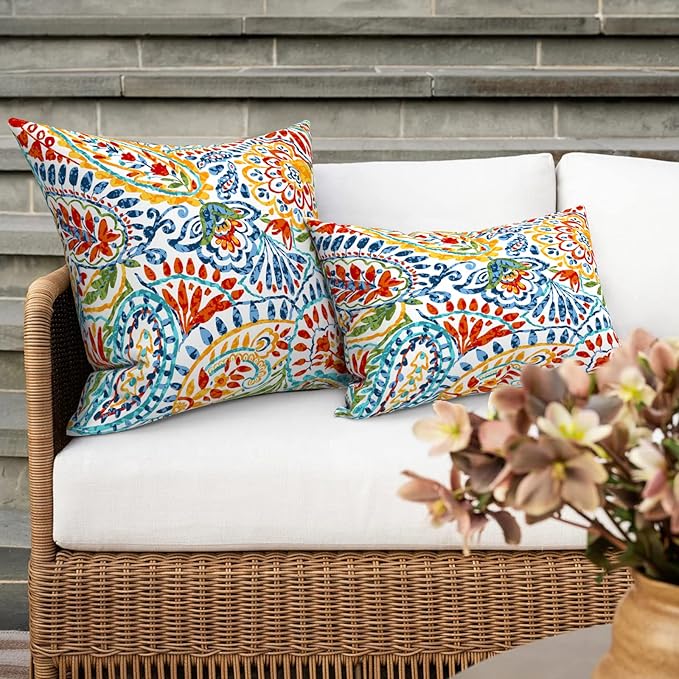 Outdoor 16x16 Inch Throw Pillow Covers Set of 2, All Weather Square Pillow Cases, Covers ONLY, Patio Cushion Pillow of Home Furniture Use, Paisley Multi