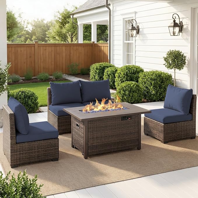 5 Pieces Patio Furniture Set with Fire Pit Table, Outdoor PE Rattan Sectional Sofa with Soft Cushions for Backyard, Porch, and Poolside (Blue, 5 PCS w/Firepit)