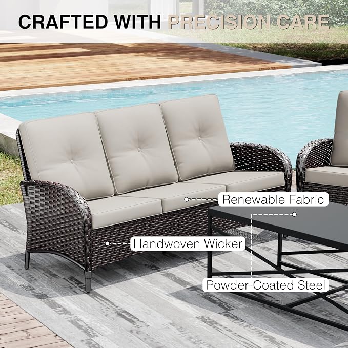Joyside Wicker Patio Furniture Set, 6 Piece Outdoor Furniture Set with Thickened Cushions, High Back, Deep Seating, Wide Armrest, Outdoor Swivel Rocker Chairs for Porch, Deck
