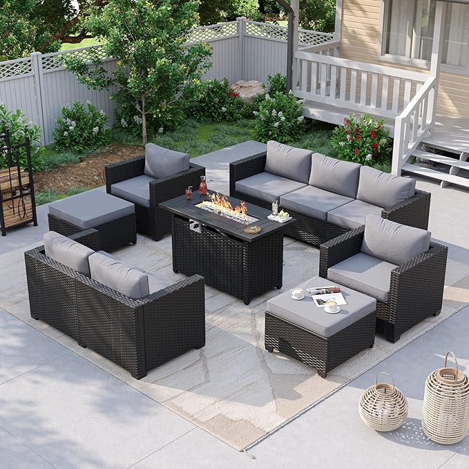 Aoxun 7 Piece Patio Furniture Set with Fire Pit Table, 9 Seats Outdoor Furniture Set with Wicker Ottomans, Rattan Outdoor Sectional Sofa with Thickened Cushion & Waterproof Cover Grey