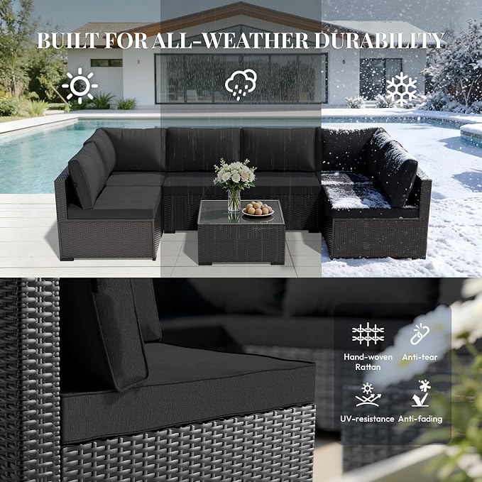 WWR Patio Furniture Set 7 Piece - All-Weather - Wicker Rattan Patio Outdoor Conversation Set, Modular Sectional Sofa for Backyard, Garden, Poolside, Balcony, Porch, Patio, Black/Black
