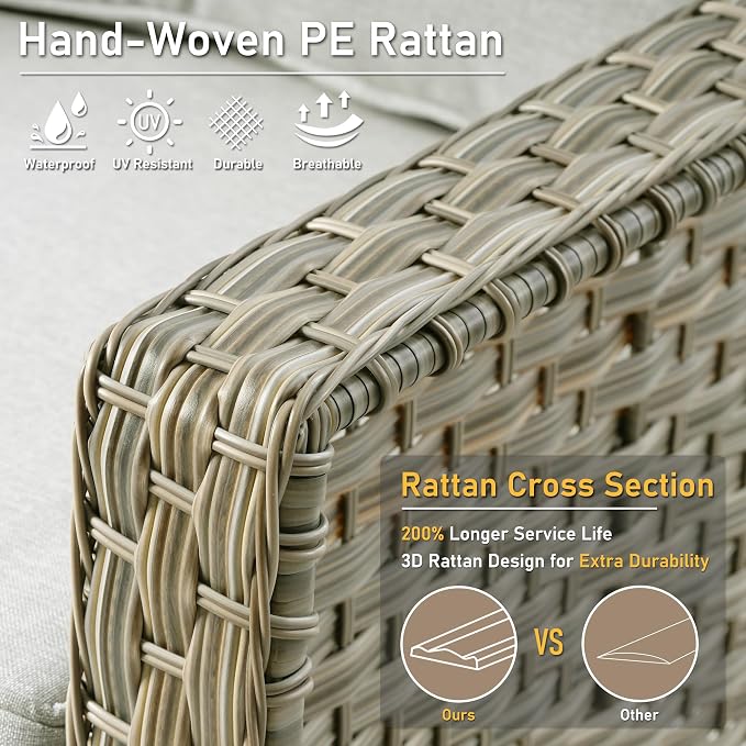 HOOOWOOO 6 Piece Patio Furniture Sets with Fire Pit Table,Outdoor Wicker Furniture Set,All Weather Resistant Outside High Back Rattan Conversation Set for Out Door(Light Grey Gray)