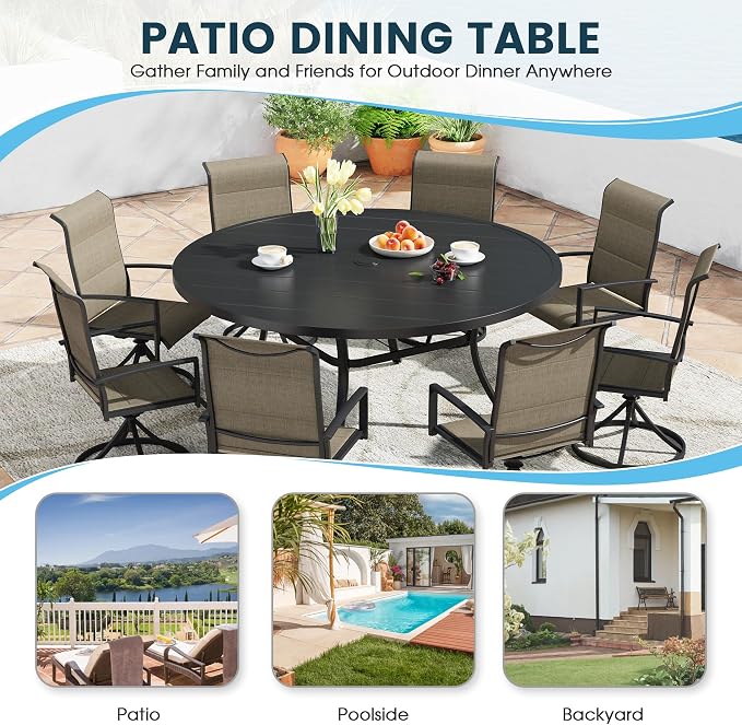 Patio Dining Table for 8-10, Round Metal Outdoor Table with 1.57" Umbrella Hole, 63" Outdoor Slat Tabletop Dining Table for Backyard, Porch, Lawn, Black