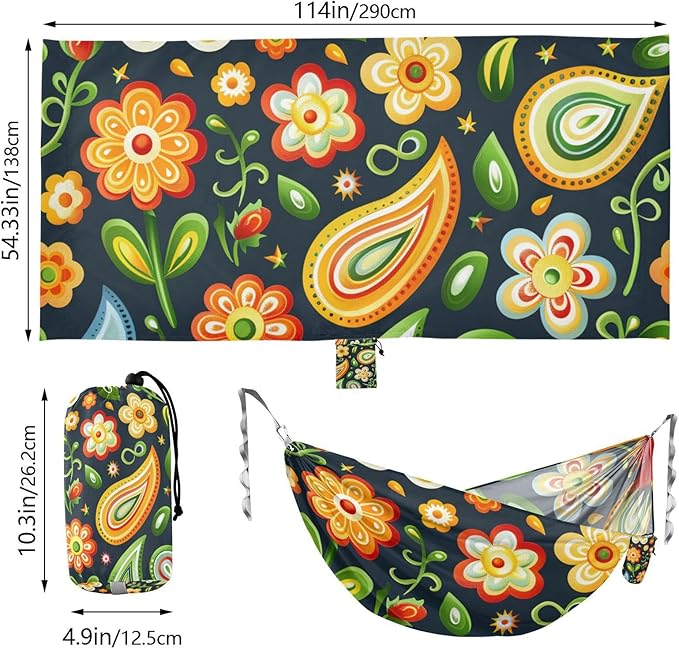 Cartoon Childish Paisley Pattern Pattern Olive 330lb Capacity Outdoor Hammocks with Tree Straps Cloth Hammock for Outside Camping Essentials Bases para hamacas para adultos