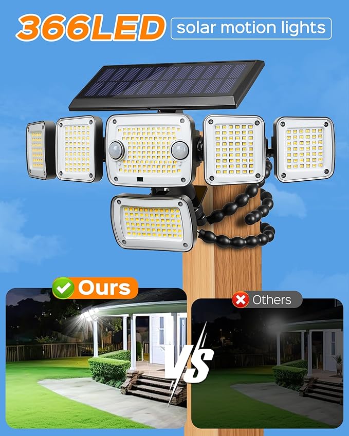 Motion Sensor Outdoor Lights with Flexible Octopus Tripod,6000LM 336LED Security Flood Lights with Remote Control, 360°Wide Angle, 6 Heads Solar Lights Outdoor Waterproof for Yard Patio Garage(2pack)