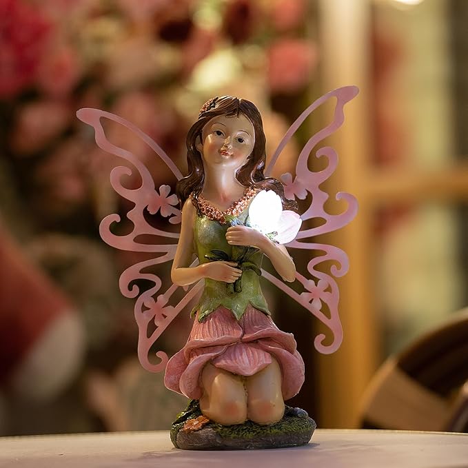 Suyorpe Fairy Decor, Solar Outdoor Statue, Accessories for Fairy Garden Gifts - Resin Figurine for Patio Yard Lawn, Size 8.35 x 4.92 x 10.82 inches