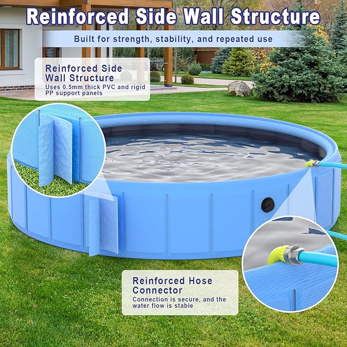 Foldable Dog Pool with Sprinkler, 118" Extra Large Non-Slip Dog Swimming Pool, 2-in-1 Outdoor Backyard Pet Bathing Tub with Drain Plug for Dogs Kids Pets Ducks