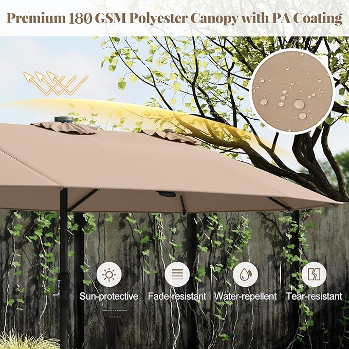 Tangkula 15FT Double-Sided Solar Patio Umbrella, Extra-Large Outdoor Twin Umbrella with 48 LED Lights, Vented Top, Crank Handle, 12 Ribs, Weighted Base Included for Backyard Poolside Deck (Tan)