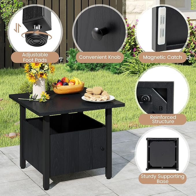 Tangkula Outdoor Table with Hole, Patio Umbrella Table with 2 Sand Bags, 1.89" Umbrella Hole, Metal Frame, Outdoor Side Table for Garden, Deck and Poolside