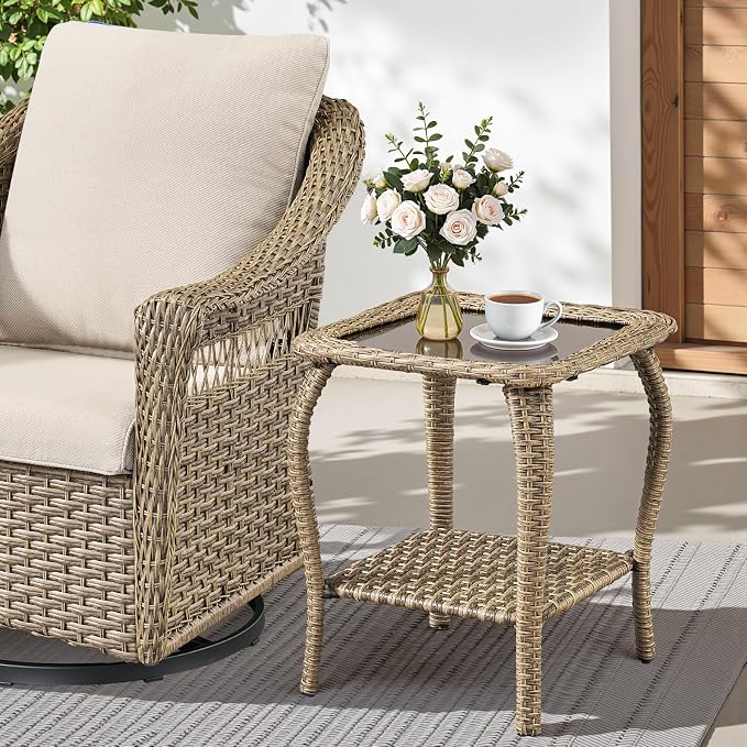 Patio Tables Wicker Side Table, Outdoor End Table with Storage Shelf, Patio Furniture Side Table for Sofa, Swivel Chairs, Garden, Balcony - Yellow