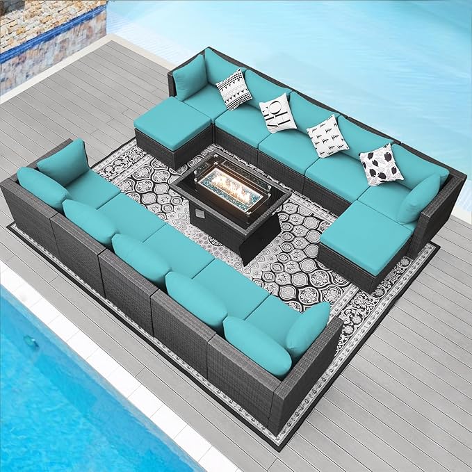 NICESOUL 13 Piece Patio Furniture w/Fireplace, Elegant Outdoor Seating w/Firepit, XL Size 29.3'' High Back Sectional Sofa, All-Weather Rattan Deck Couch, Modular Sturdy Conversation Set, Gray & Teal