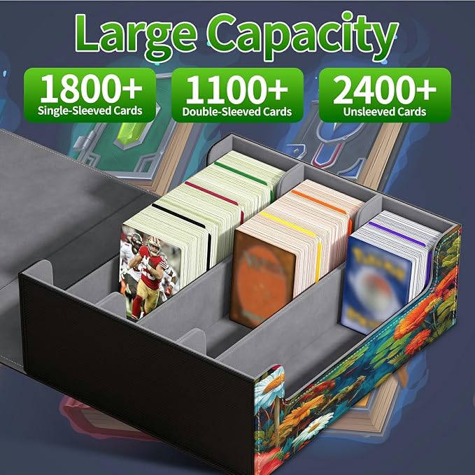 Large Card Deck Box for MTG, Fits 1200+ Sleeved Cards, PU Leather Storage Case with Strong Magnetic Closure, Multiple Colors for TCG CCG Baseball Card Collections, Mushroom Red Flower