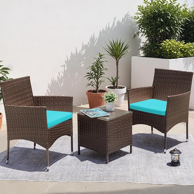 Greesum 3 Pieces Patio Dining PE Rattan Wicker Chair Furniture Set with Cushion and Glass Coffee Table for Outdoor Garden Backyard Poolside, Brown and Blue