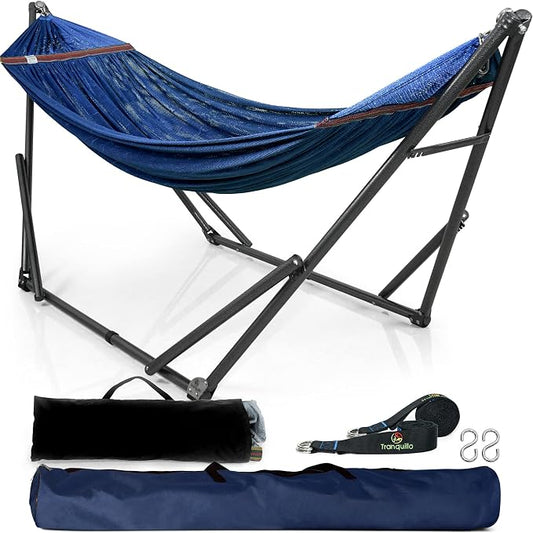 Tranquillo Combo x2 Hammocks with Stand for Outside & Tree Straps, Heavy Duty Hammock with Stand 600lbs for Indoor Outdoor Patio Backyard, x2 Hammocks for 2 Person, Portable Carrying Bags, Aegean