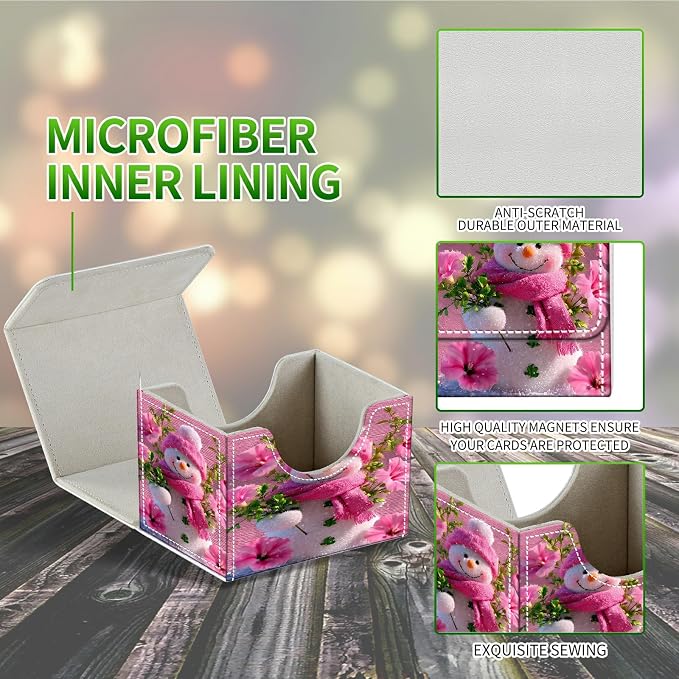 Card Deck Box for MTG, Cards Storage Box Fits 120+ Sleeved, Leather Small Size Strong Magnetic Closing Card Case for Board Games Magic TCG CCG Baseball Collection, Pink Flower Snowman