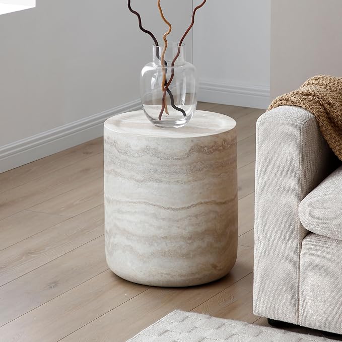15.74" Round Side Table Small Faux Marble Pattern Coffee Table French Country Rustic Side Table End Table for Living Room,No Need Assembly.Light GrayØ15.74"