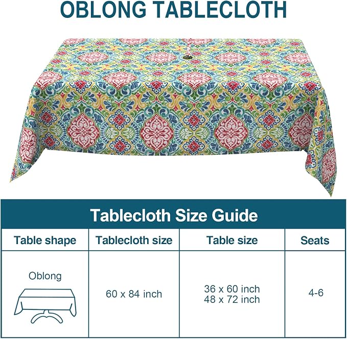 DYTXIII Outdoor Rectangle Tablecloth with Umbrella Hole and Zipper 84" x 60", Water Repellent Floral Picnic Cover, Fade & Wrinkle Resistant Tablecloth for Patio/Garden/Party Table, Damask Red