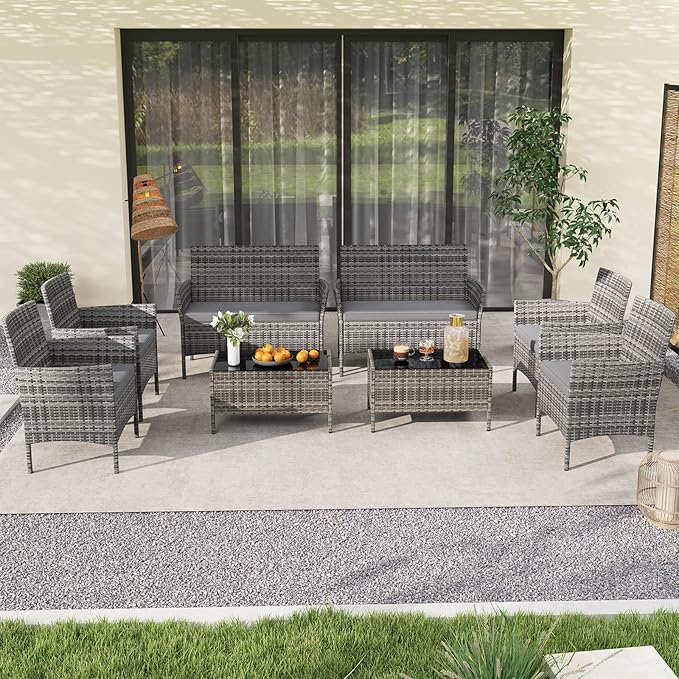 RELAX4LIFE 8-Piece Patio Furniture Set - Rattan Outdoor Conversation Bistro Set w/Cushions, Glass Coffee Table, Wicker Chairs & Loveseat for Garden Backyard Porch, Balcony Furniture Set (2, Mix Grey)