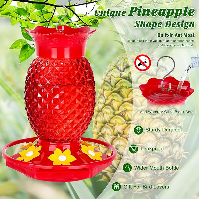 Fchstaer Glass Hummingbird Feeders for Outdoors Hanging 16oz 2 Pack Red Pineapple Bee & Ant Proof 360°Perch Leakproof Easy Clean with 6 Feeding Ports Gifts for Mom