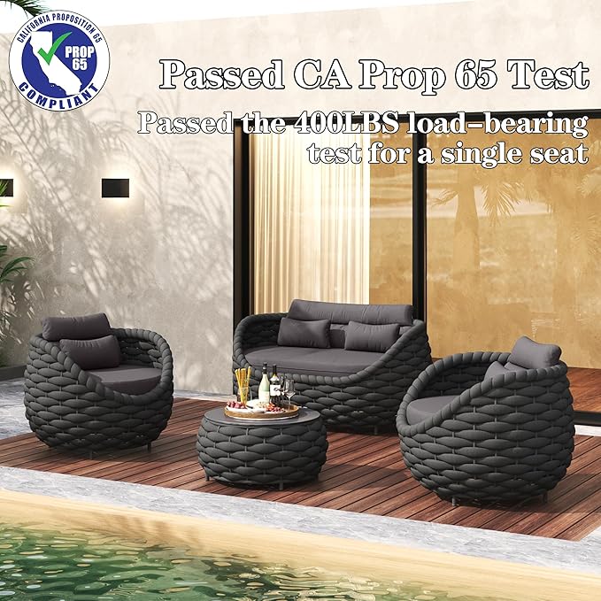 TWT 5 Pieces Patio Furniture Set, Outdoor Rope Conversation Sectional Patio Sofa with 5 Seater for Backyard, Porch, Modern Armchairs with Thickness Cushions and Side Table, Dark Grey