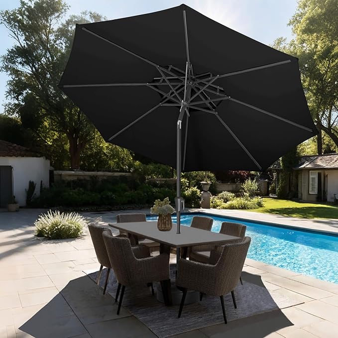 9ft Outdoor Patio Umbrella - 2-Tier Table Umbrella Waterproof UV Protection, Sombrillas de Patio with Push Button Tilt, Sun Umbrella for Pool, Porch, Garden, Backyard (Black)