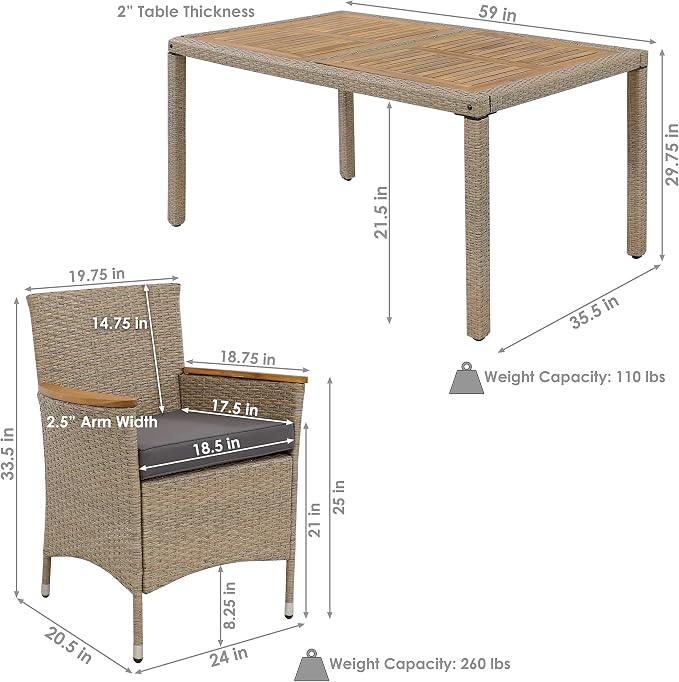 Sunnydaze Foxford 7-Piece Rattan and Acacia Outdoor Dining Set - 1 Table and 6 Chairs with 6 Thick Seat Cushions