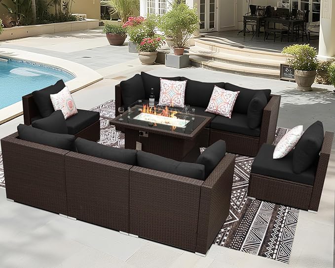 BULEXYARD 9 Pcs High Back Outdoor Sectional Set with Firepit Table, High-End Patio Furniture Seating Set, Big Oversized Wide Deep Modular 8-Seater Couch Sofa for Backyard, Brown Wicker & Black Cushion