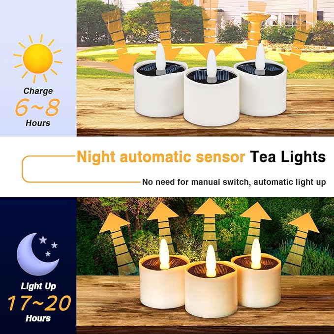 HL Solar Tea Lights Outdoor Waterproof,6PCS 2.4''x2'' Flickering Flameless Candles, Dusk to Dawn Rechargeable Battery LED Votive Tea Lights for Lantern, Garden, Camping, Home Decor (Warm White)