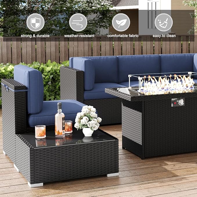 LayinSun 8 Pieces Patio Furniture Set with Fire Pit Table, Black Rattan Modular Sectional Patio Conversation Sofa Set