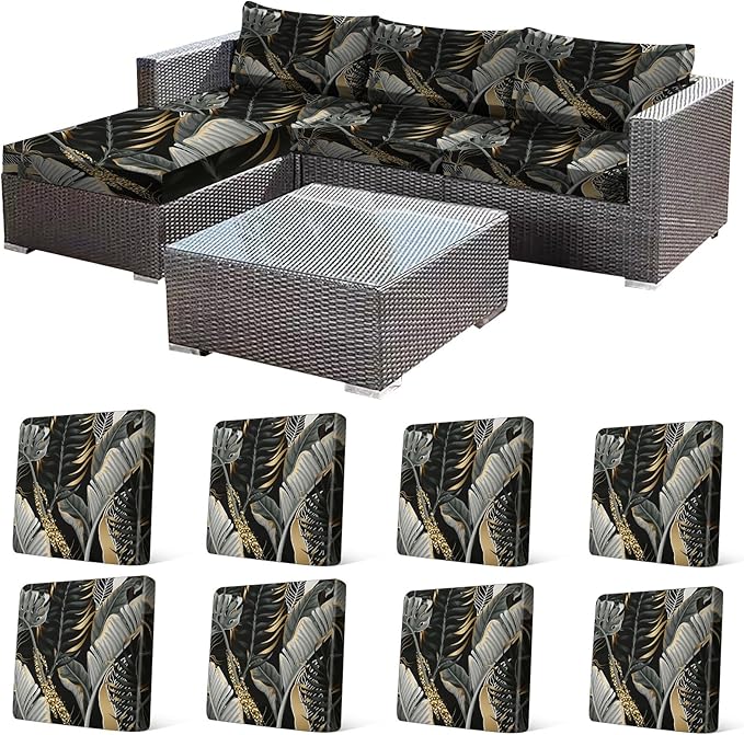 CALBODE 8 Pcs Stretch Outdoor Seat Cushion Covers, Botanical Chair Seat Cover for Patio Furniture Cushions Washable Reusable Indoor and Outdoor Couch Cover Replacement (Black&Gold Leaves, Cover Only)