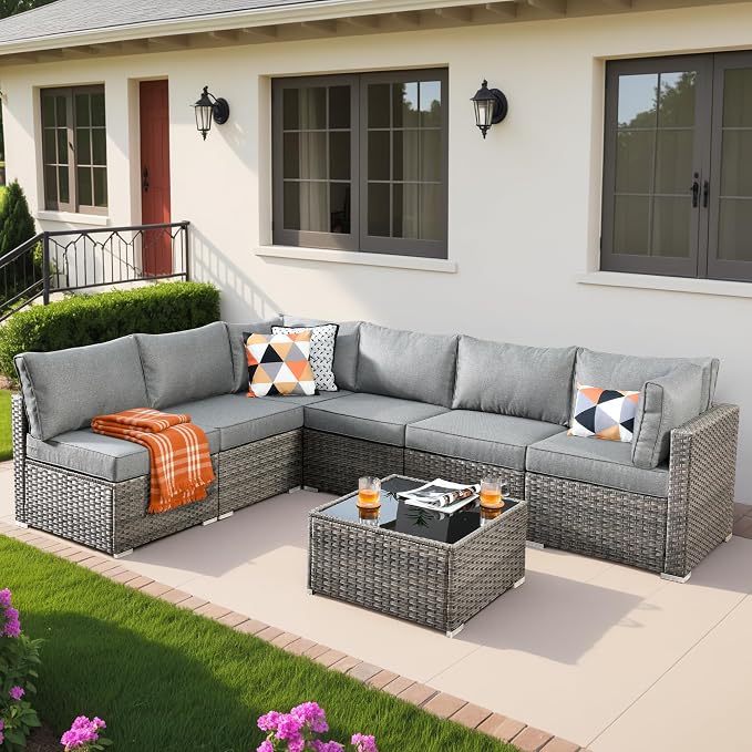 Weaxty 7 Pieces Outdoor Patio Furniture Set,Wicker Sectional Sofa Couch with Thicken Cushion and Glass Coffee Table,All Weather Rattan Patio Conversation Sets for Porch,Poolside,Backyard,Dark Gray