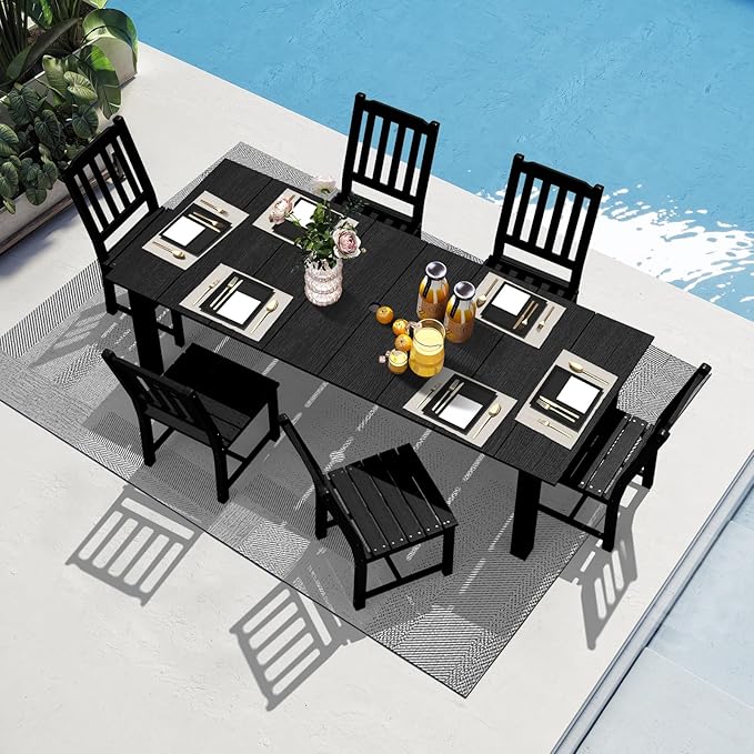 LOUNZY 7 Pieces Patio Dining Sets, Outdoor HDPE Furniture Set for 6 w/ 2" Hole Cut-Out Dining Table with 6 Armless Patio Chairs for Pool, Lawn and Garden,Black