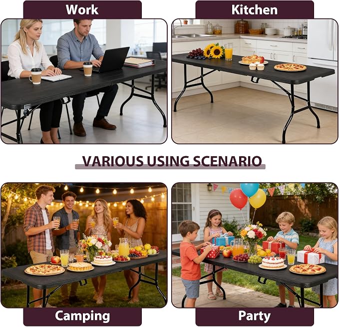 ZenStyle Indoor Outdoor Heavy Duty Plastic Folding Table Portable Picnic Table Fold-in-Half Utility Table w/Handle and Steel Legs for Camping, Dining, Party (Black, 8ft)