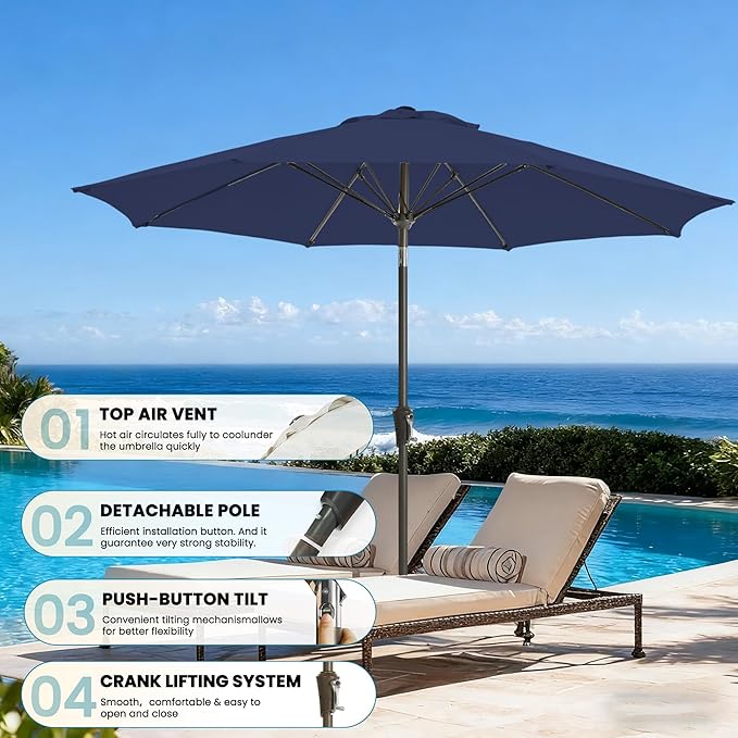 9FT Outdoor Patio Umbrella Outdoor pool Umbrella with Push Button Tilt and Crank, Market Umbrella 8 Sturdy Ribs UV Protection for Garden, Deck, Backyard (navy)