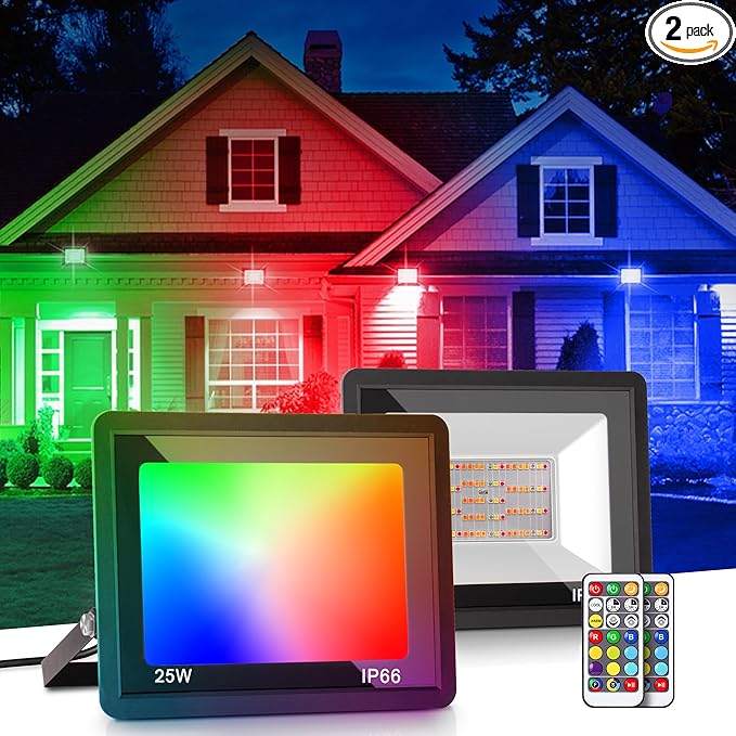 L LOHAS LED RGB LED Flood Light Outdoor, 25W DIY Color Changing Party Lights with Remote, Auto ON/OFF Yard Light, IP66 Waterproof Landscape Floor Strobe Light, 9.84FT cord Uplights for Christmas 2Pack