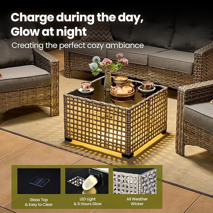 6 Piece Patio Furniture Set with Solar Lights Coffee Table, Outdoor Wicker High Back Sofa Chairs Ottomans with Cushions, All Weather Conversation Set for Backyard Porch Deck, Dark Gray