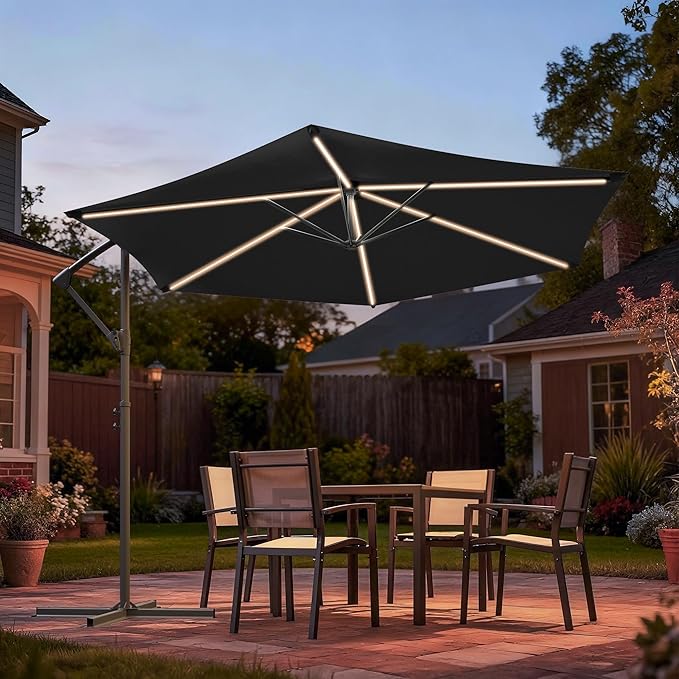 10ft Offset Patio Umbrella with Solar Light Strips,Outdoor Cantilever Hanging Umbrella with Cross Base, Fade Resistant Recycled Fabric, for Pool, Deck, Garden,Backyard,